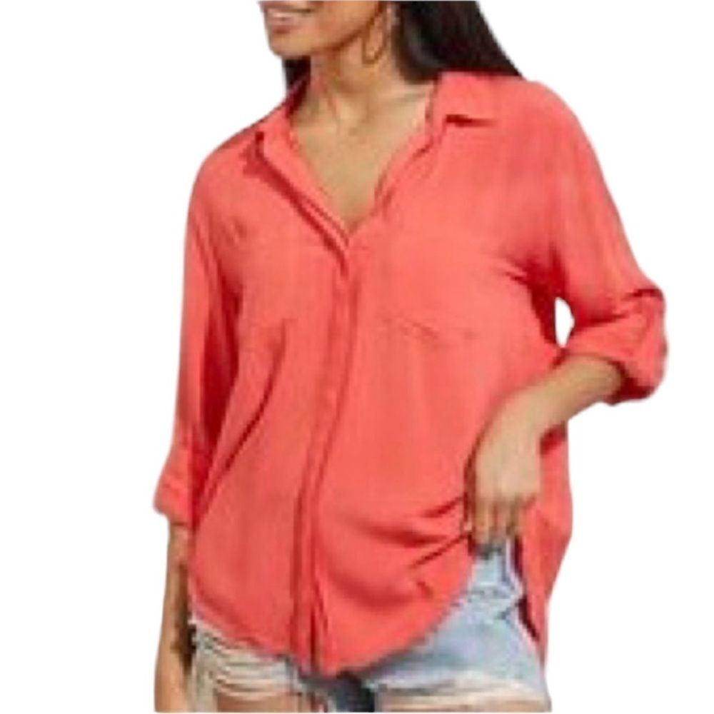 VELVET HEART Linen Button Front Frayed Hem Blouse Melon S
